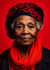 Elderly black woman in red clothes on a red background conceptual for frame