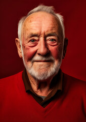 Obraz premium Elderly man in red clothes on a conceptual red background for frame