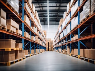 generative AI Retail warehouse full of shelves with goods in cartons with pallets and forklifts