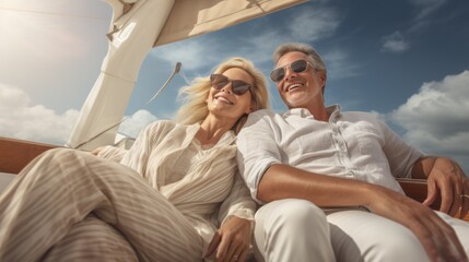 Senior couple sailing luxury yacht during their active retirement, Plan life insurance of happy retirement.