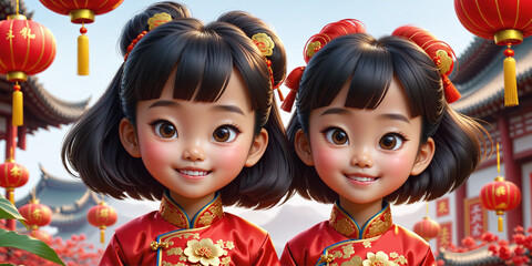 Beautiful Chinese New Year illustration with two smiling children dressed in national festive clothes, with red sky lanterns and other holiday symbols. Generative AI
