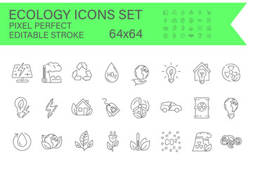 Collection of outline ecology symbols. environment, and sustainability in the form of thin line icons. editable vector strokes and maintain a pixel-perfect resolution of 64x64.