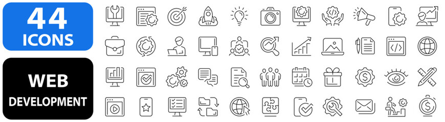 Web development 44 icon set. Technology development icons. Marketing, analytics, e-commerce, digital, management, seo and more. Vector illustration.