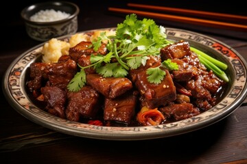 Aromatic Chinese dish pork. Asian meal table. Generate Ai