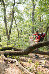 Young Caucasian man hiking through forest with his daughter, crossing the fallen tree