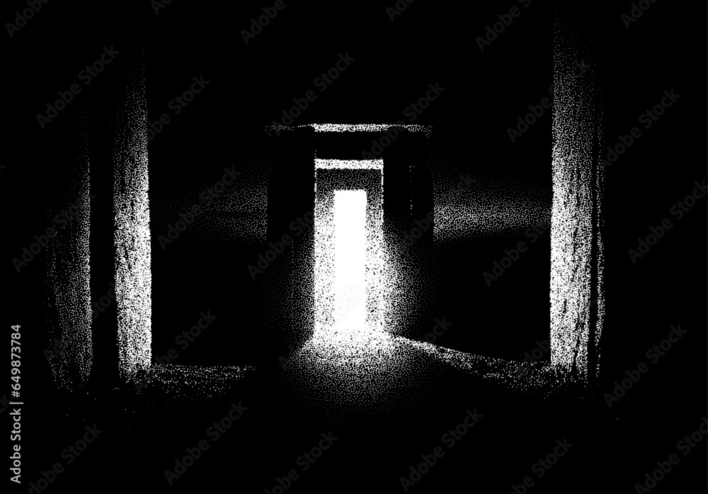 Poster ancient ruins in sci-fi scene with dotwork retro style. mysterious gate debris with dramatic lights 