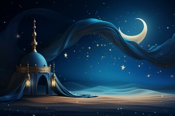 Nighttime Ramadan celebration with blue background, sand dune, crescent moon, stars, and festive message. Generative AI