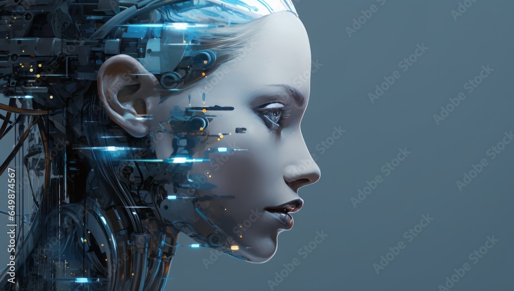 Aufkleber A Futuristic Scene: A Person Contemplating Technology While a Robot Woman Engages in Deep Thought About the Future of Artificial Intelligence