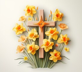 A wooden cross in a beautiful illustration surrounded by daffodil flowers. Artistic representation of a wooden cross in a floral arrangement. Cross with beautiful daffodil flowers.