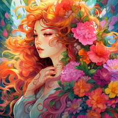 Colorful portrait of a spring goddess with flowers and roses in her hair