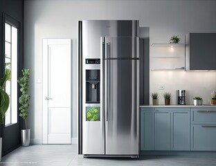 Modern kitchen interior with fridge. Mock up, 3D Rendering