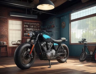 Cercles muraux Moto 3d rendering of a custom motorcycle in a vintage garage interior.