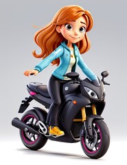 Obraz na płótnie Canvas 3D illustration of a cute little girl riding a motorbike.