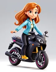 Foto op Plexiglas 3D illustration of a cute little girl riding a motorbike. © Sagar