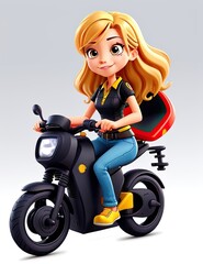 3D illustration of a cute cartoon girl riding a motorbike.