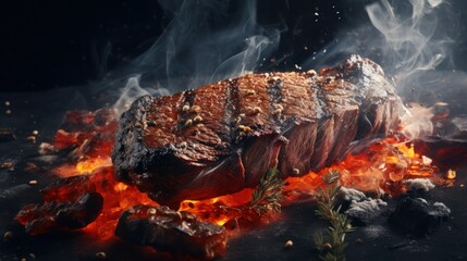 Cooked steak on hot coals
