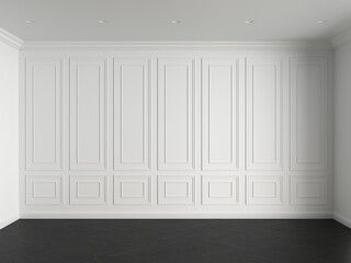 3d render of white interior with panels on wall and dark wood on floor illustration - 649877766