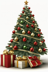 Fototapeta na wymiar Christmas tree with festive ornaments and wrapped presents. 