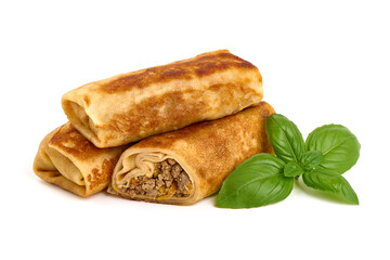 Savory pancake rolls stuffed with ground meat, isolated on white background. High resolution image. - obrazy, fototapety, plakaty