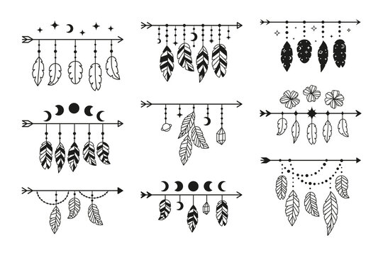 Set of boho arrows with stylized bird feathers.