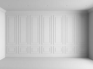 3d render of white interior with panels on wall and light wood on floor illustration - 649878309