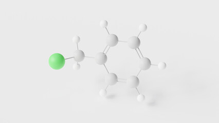 benzyl chloride molecule 3d, molecular structure, ball and stick model, structural chemical formula reactive organochlorine compound