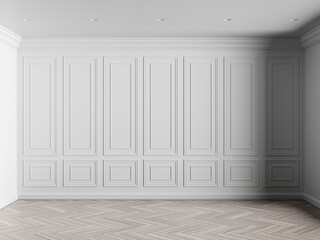 3d render of white interior with panels on wall and light wood on floor illustration - 649878369