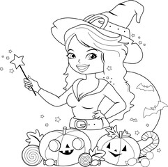 Halloween witch, pumpkins and treats. Vector black and white coloring page.