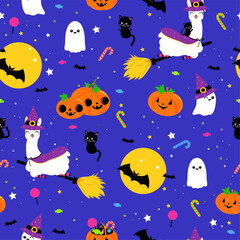 Halloween llama background. Seamless pattern. Vector illustration