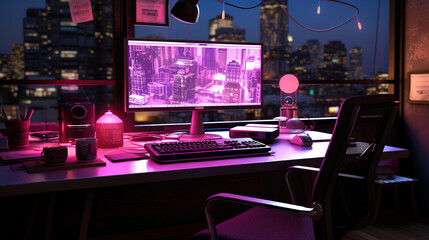 Generative AI, Computer on the table in cyberpunk style, nostalgic 80s, 90s. Neon night lights vibrant colors, photorealistic horizontal illustration of the futuristic interior. Technology concept..	