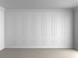 3d render of white interior with panels on wall and light wood on floor illustration - 649878596