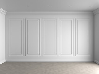 3d render of white interior with panels on wall and light wood on floor illustration - 649878711