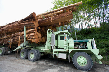 A Logging Truck Stacked With Cedar Logs Sits Near Cougar Annie's Garden; Boat Basin, Vancouver Island, British Columbia, Canada