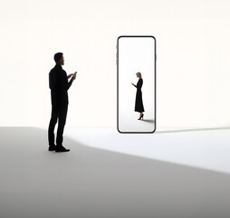 A man in a black suit stands in front of a mobile phone and looks at a business woman. Minimal concept.