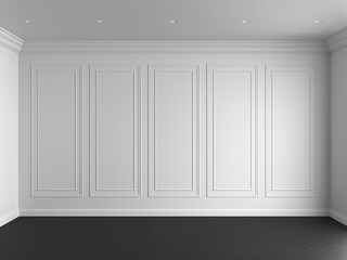 3d render of white interior with panels on wall and dark wood on floor illustration - 649878782