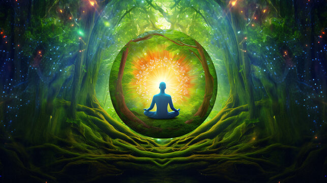 Practicing the lotus yoga pose in a lush green forest tunnel, surrounded by chakra colors..