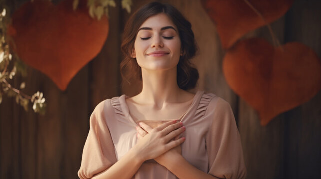 A serene young Caucasian woman gently places her hands over her heart, expressing gratitude and appreciation..