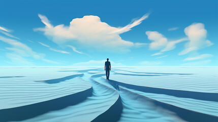 An artistic depiction of a man leisurely walking along a beach sandwiched between two vibrant oceans, symbolizing an abstract and dreamlike pathway..