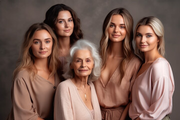 Obraz premium Three female generations family portrait, grandmother, mother and granddaughters, women of different ages
