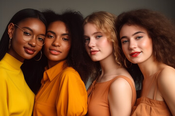 Fototapeta premium Portrait of beautiful multi ethnic happy women, mixed race beauty, caucasian and afro girls posing together
