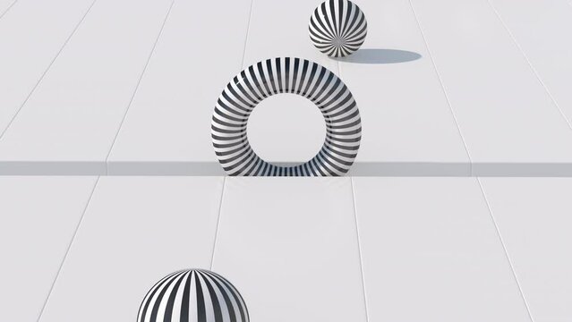 Striped black and white balls and circle shape rolling. Abstract animation, 3d render.