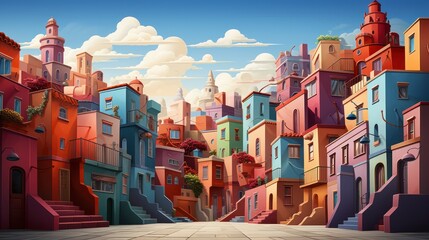 A house with a colorful facade, in the style of contemporary art, terraced cityscapes, light maroon and beige. - obrazy, fototapety, plakaty