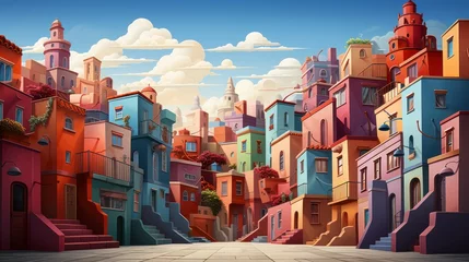 Foto op Plexiglas A house with a colorful facade, in the style of contemporary art, terraced cityscapes, light maroon and beige. © Muzaffer Stock