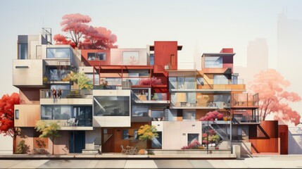 A house with a colorful facade, in the style of contemporary art, terraced cityscapes, light maroon and beige.