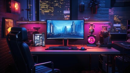 Generative AI, Computer on the table in cyberpunk style, nostalgic 80s, 90s. Neon night lights vibrant colors, photorealistic horizontal illustration of the futuristic interior. Technology concept.