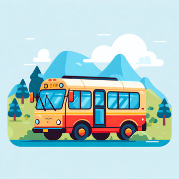Whimsical Bus Journey: A Sleek and Stylized Flat Illustration with Minimal Lines in Vibrant Colors