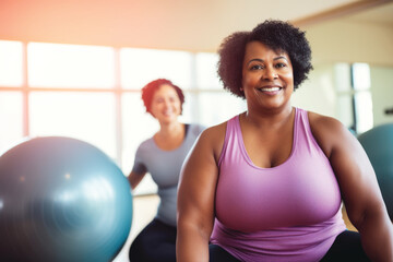 Portrait of a plus size smiling african american middle aged woman exercising Pilates in the gym. Fitness. body positive and sport as lifestyle.