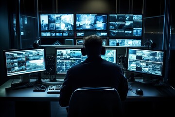 Security Operator Monitoring Computer CCTV System Footage - obrazy, fototapety, plakaty