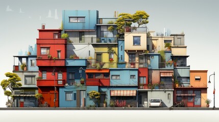 A house with a colorful facade, in the style of contemporary art, terraced cityscapes, light maroon and beige.