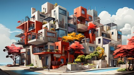 A house with a colorful facade, in the style of contemporary art, terraced cityscapes, light maroon and beige.